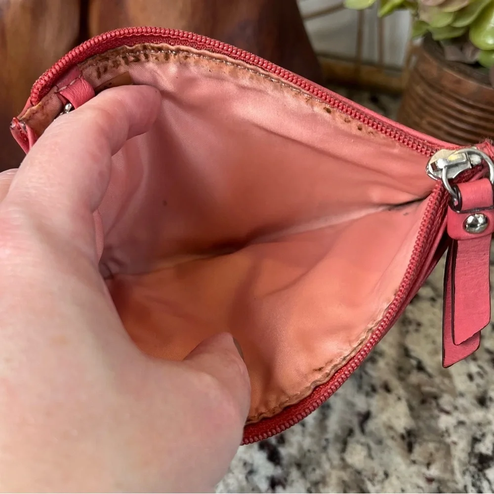 COACH Coral Pink Leather Zip Card Pouch with Key Ring